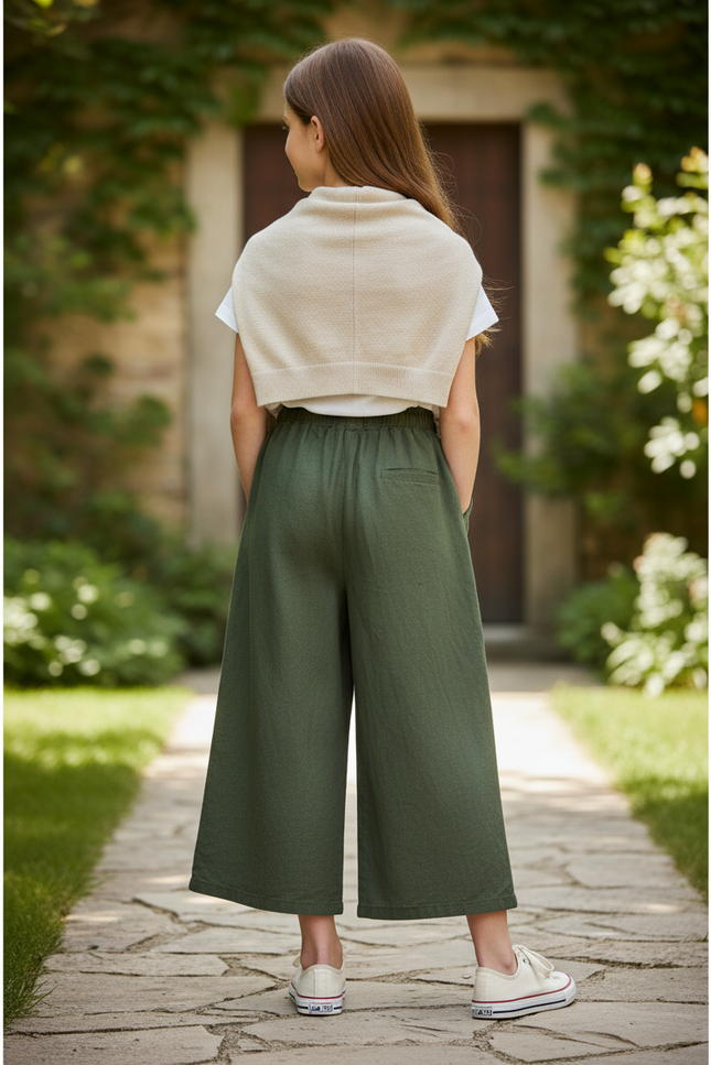 Pantalon En Lin Vert Ample Cordon Fille Décontracté - vue 2