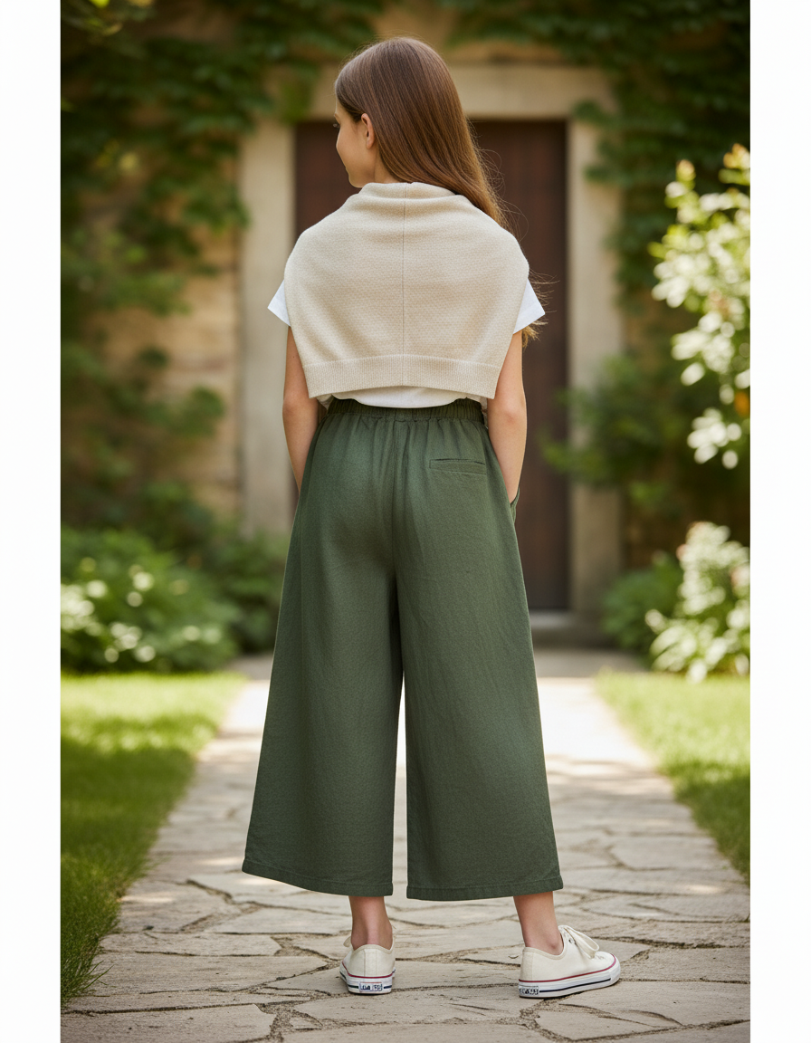 Pantalon En Lin Vert Ample Cordon Fille Décontracté - vue 2