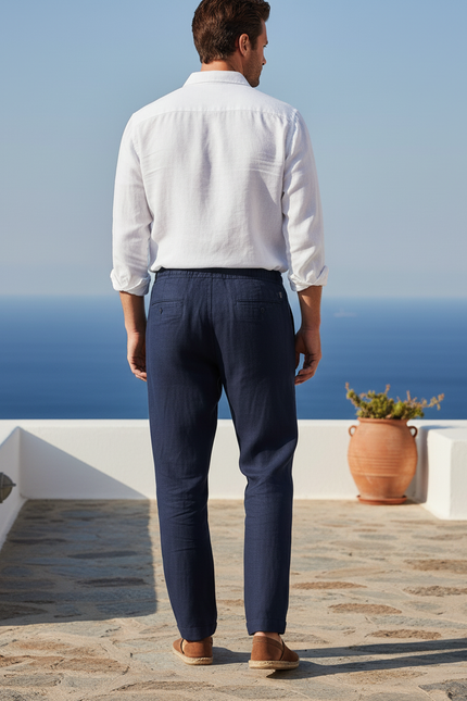 Pantalon En Lin Marine Cordon Droit Décontracté Homme - vue 2