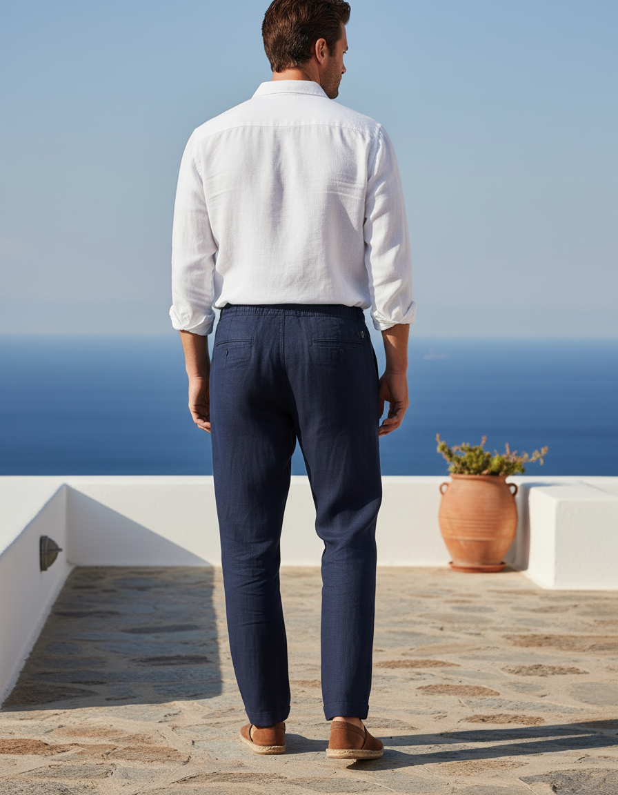 Pantalon En Lin Marine Cordon Droit Décontracté Homme - vue 2