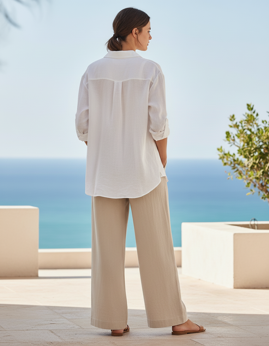 Pantalon En Lin Beige Ample Décontracté Fluide Élégant - vue 2