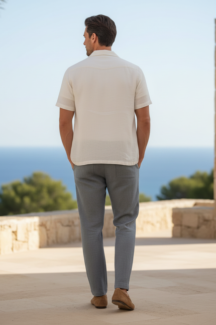 Pantalon En Lin Gris Chiné Droit Cordon Décontracté Homme - vue 2