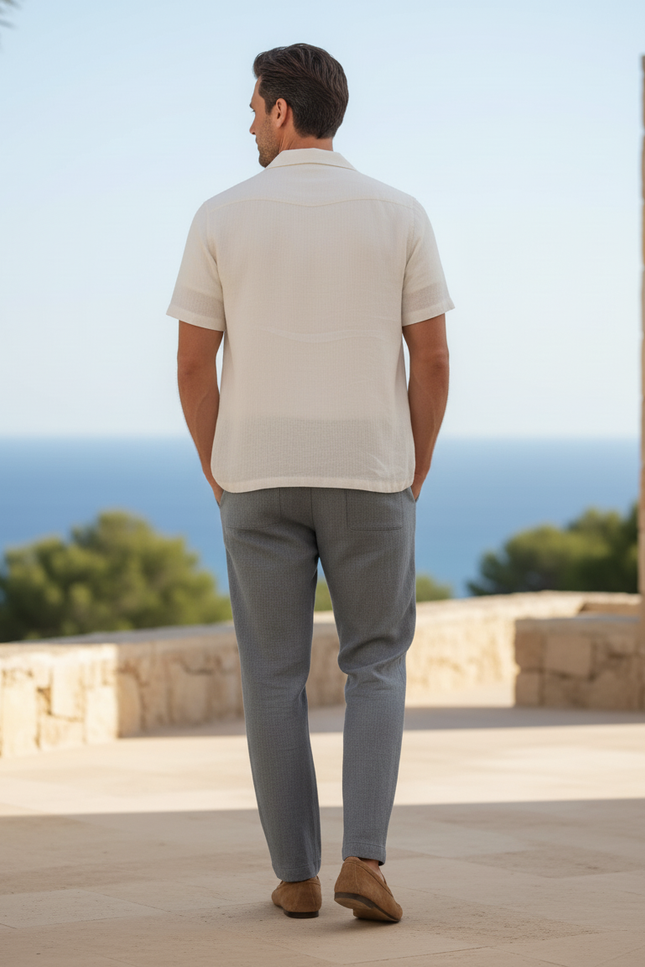 Pantalon En Lin Gris Chiné Droit Cordon Décontracté Homme - vue 2