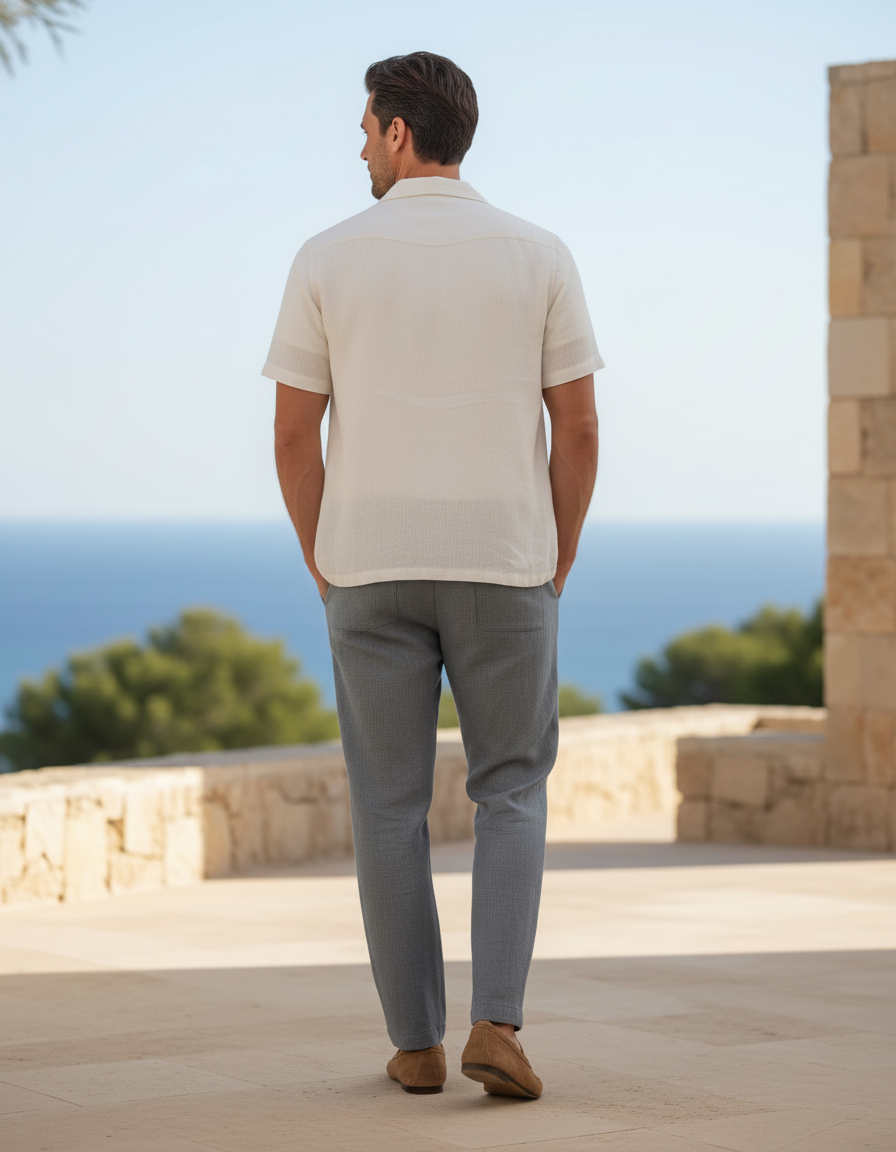 Pantalon En Lin Gris Chiné Droit Cordon Décontracté Homme - vue 2