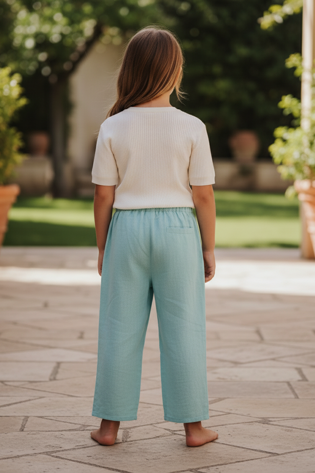 Pantalon En Lin Vert Ample Élastique Poches Enfant - vue 2