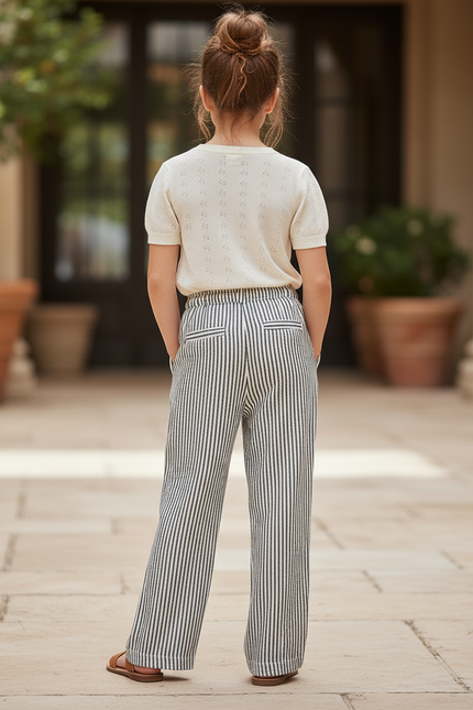 Pantalon En Lin Rayé Ample Taille Élastique Fille - Imprimé - vue 2