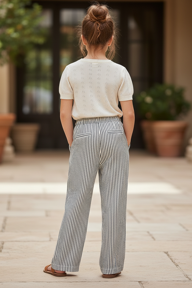 Pantalon En Lin Rayé Ample Taille Élastique Fille - Imprimé - vue 2