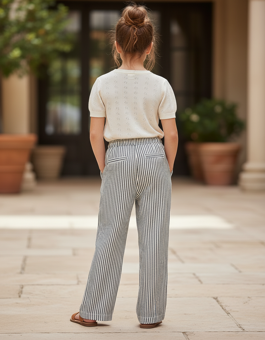 Pantalon En Lin Rayé Ample Taille Élastique Fille - Imprimé - vue 2