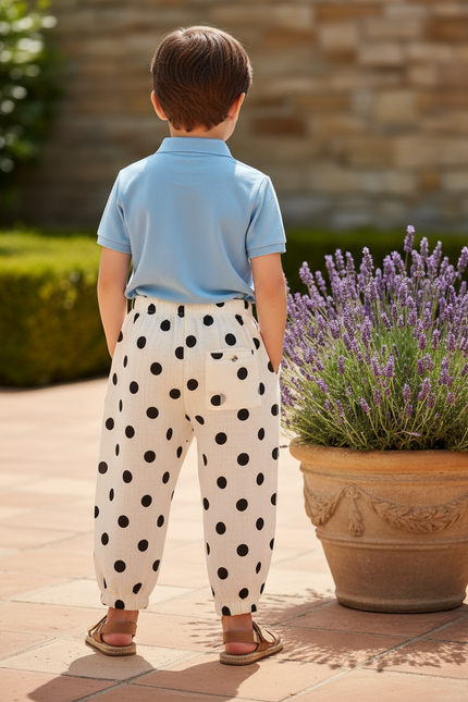 Pantalon En Lin Écru Pois Noirs Ample Enfant - Imprimé - vue 2