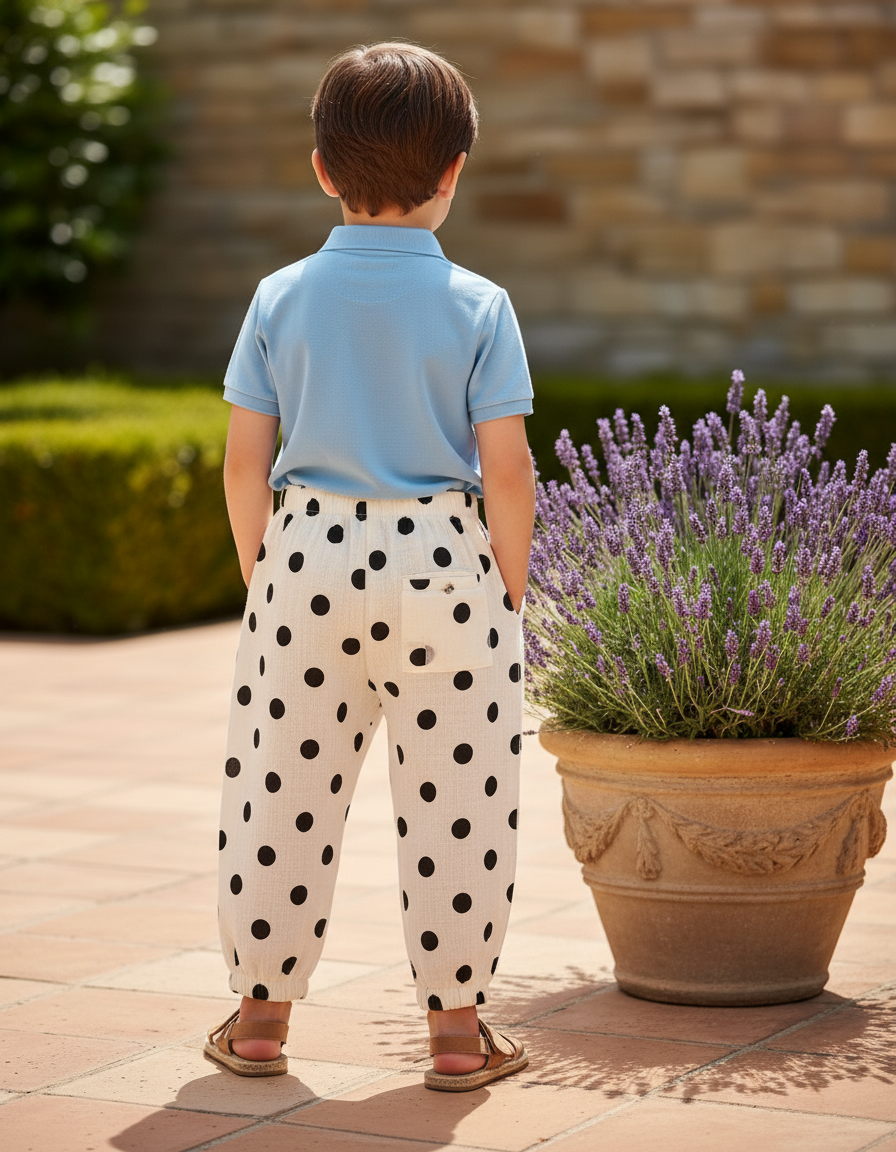 Pantalon En Lin Écru Pois Noirs Ample Enfant - Imprimé - vue 2