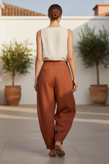 Pantalon En Lin Ample Plissé Confortable Marron Femme - vue 2