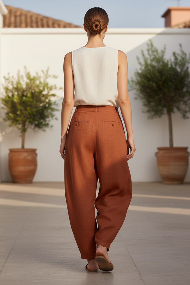 Pantalon En Lin Ample Plissé Confortable Marron Femme - vue 2
