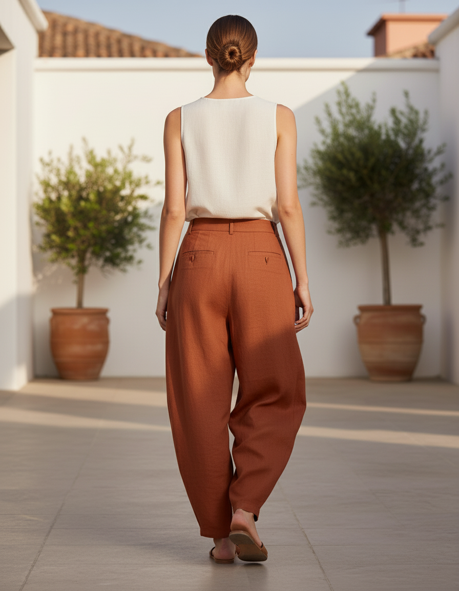 Pantalon En Lin Ample Plissé Confortable Marron Femme - vue 2