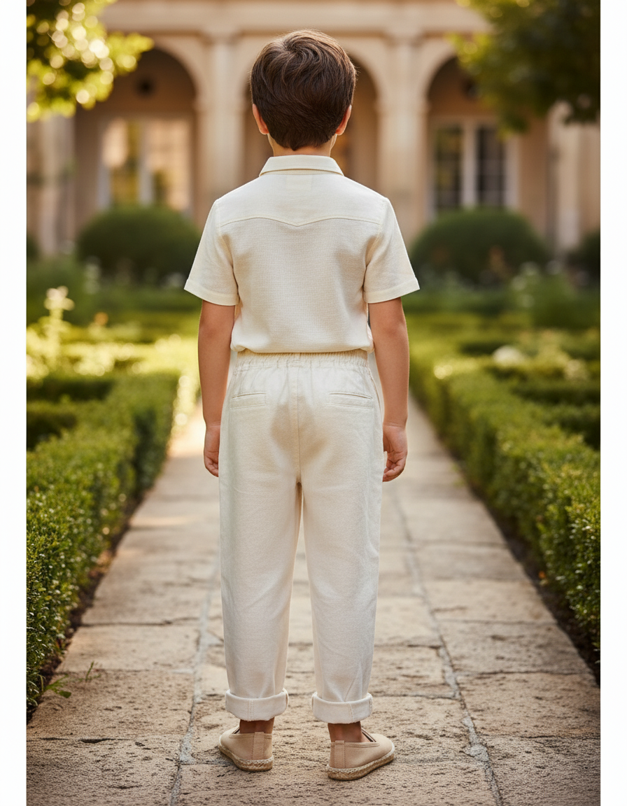 Pantalon En Lin Écru Brodé Animaux Ample Garçon - Beige - vue 2