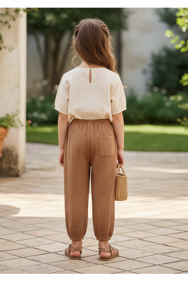 Pantalon En Lin Harem Ample Marron Enfant Coton - vue 2