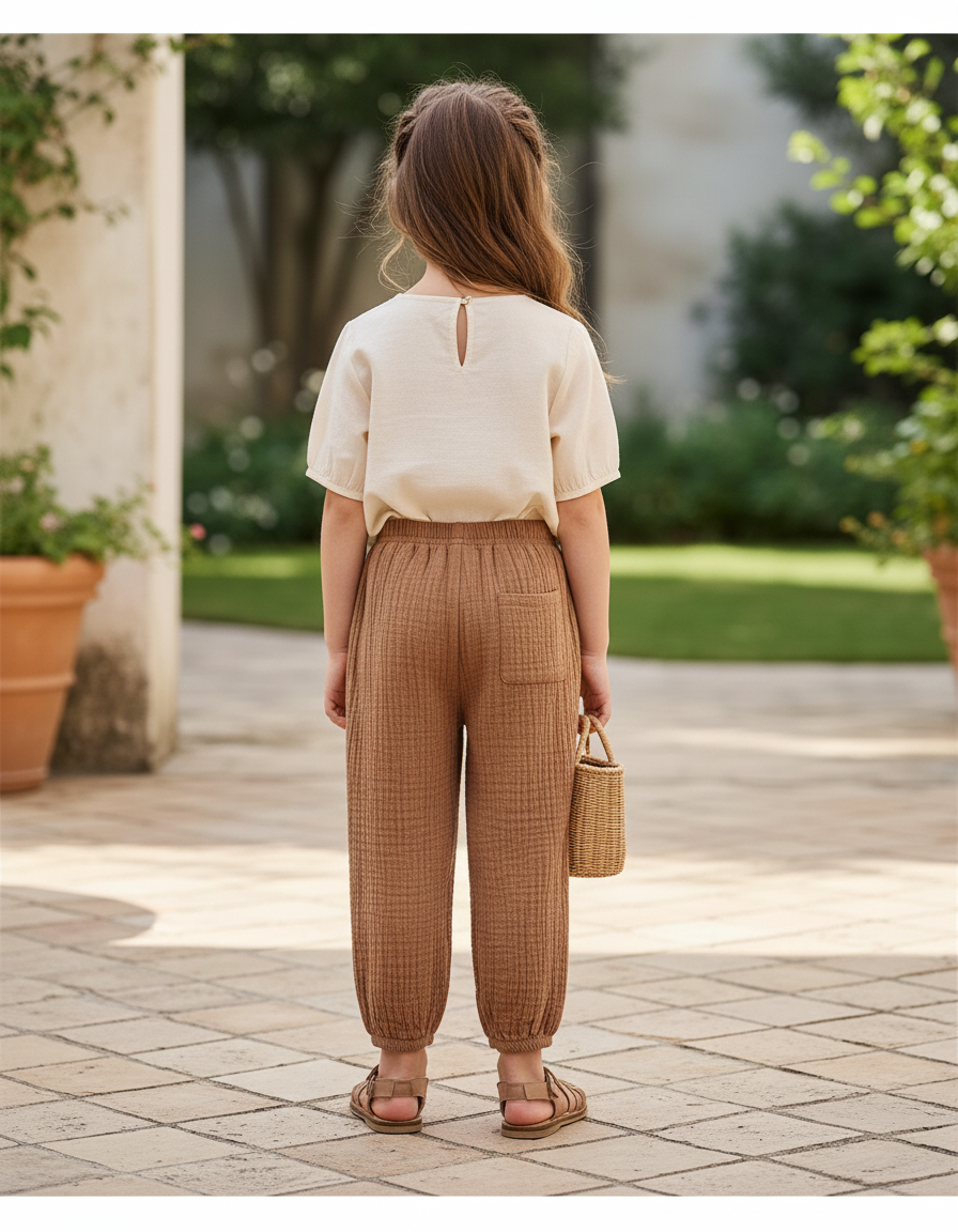 Pantalon En Lin Harem Ample Marron Enfant Coton - vue 2