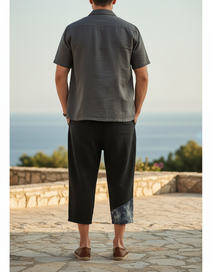 Pantalon En Lin Noir Harem Patchwork Cordon Décontracté Homme - vue 2