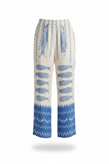 Pantalon En Lin Ample Imprimé Poisson Bleu - vue 3