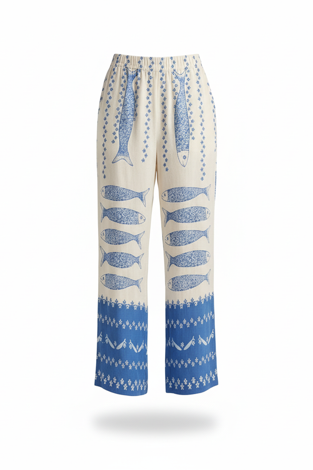 Pantalon En Lin Ample Imprimé Poisson Bleu - vue 3
