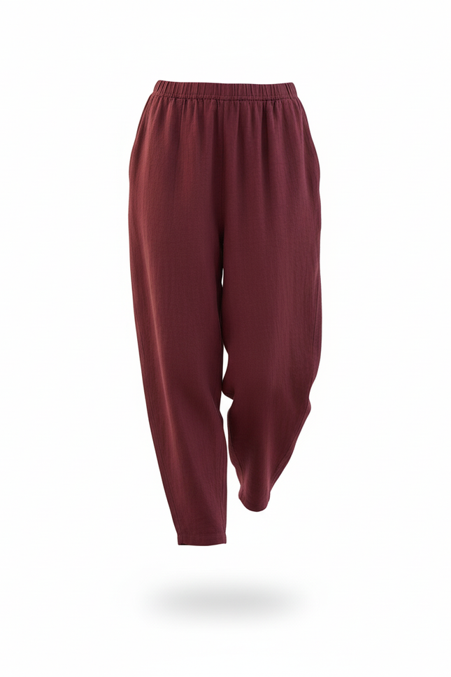 Pantalon En Lin Bordeau Ample Confortable Élastique Femme - Bordeaux - vue 3
