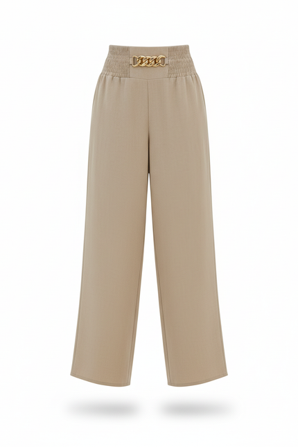 Pantalon En Lin Beige Ample Élastique Chaîne Élégant Fluide - vue 3