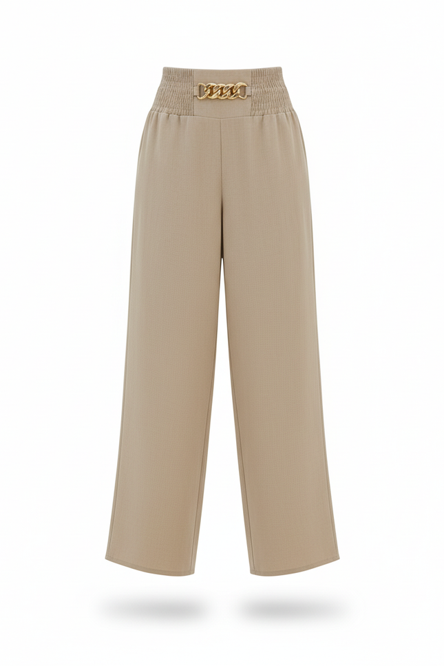 Pantalon En Lin Beige Ample Élastique Chaîne Élégant Fluide - vue 3