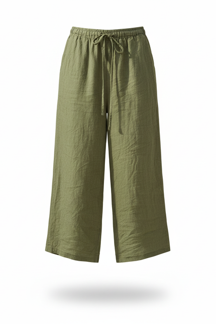 Pantalon En Lin Vert Ample Cordon Décontracté - Kaki - vue 3