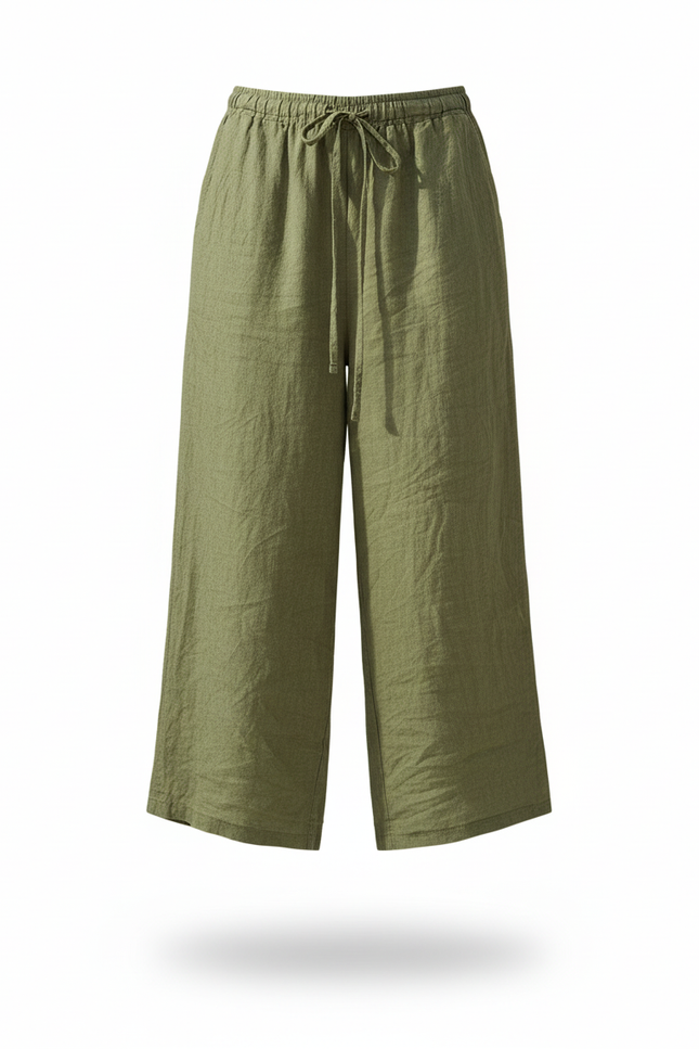Pantalon En Lin Vert Ample Cordon Décontracté - Kaki - vue 3