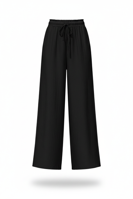 Pantalon En Lin Noir Ample Taille Haute Fluide - vue 3