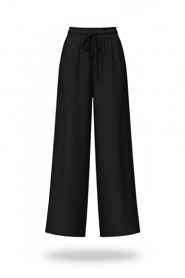 Pantalon En Lin Noir Ample Taille Haute Fluide - vue 3