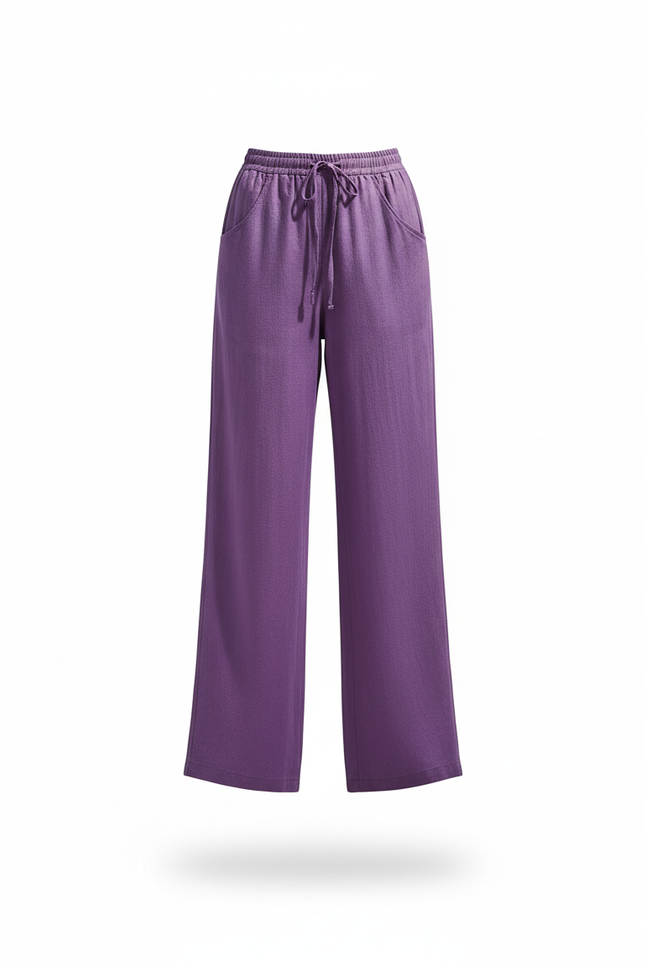 Pantalon En Lin Violet Ample Fluide Cordon Décontracté - vue 3