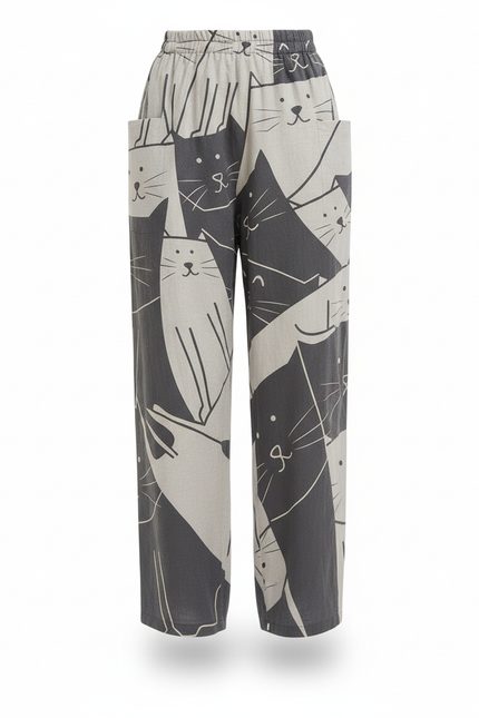 Pantalon En Lin Ample Imprimé Chat Taille Élastique - vue 3