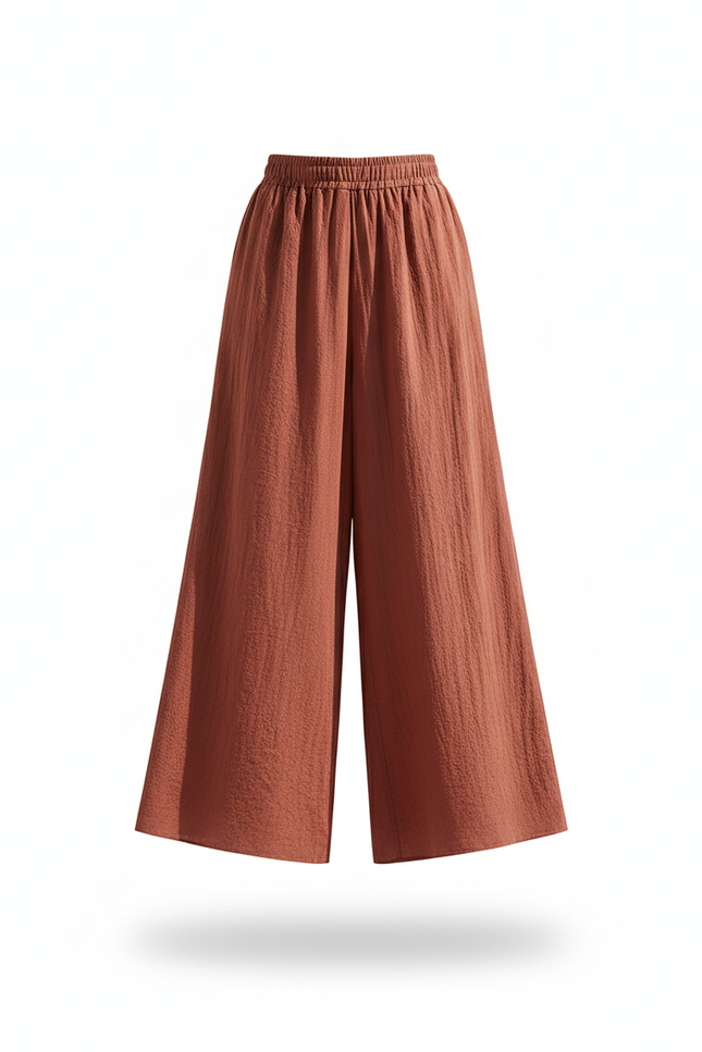 Pantalon En Lin Ample Marron Fluide Décontracté Femme - vue 3