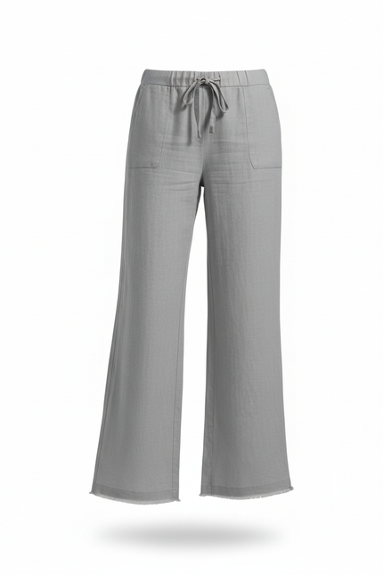 Pantalon En Lin Gris Fluide Décontracté Cordon Femme - vue 3