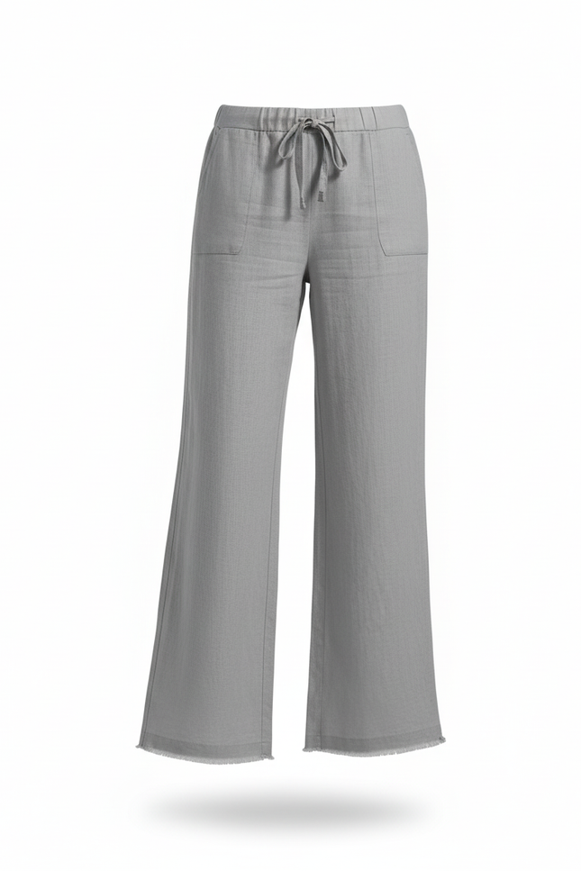 Pantalon En Lin Gris Fluide Décontracté Cordon Femme - vue 3