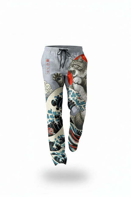 Pantalon En Lin Imprimé Chat Japonais Ample Homme - vue 3