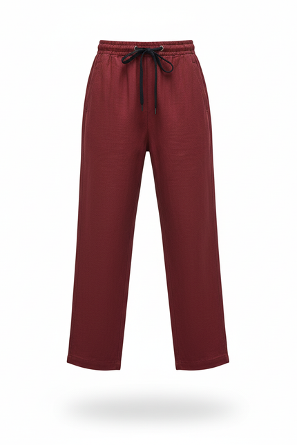 Pantalon En Lin Rouge Ample Cordon Garçon Confortable - Bordeaux - vue 3