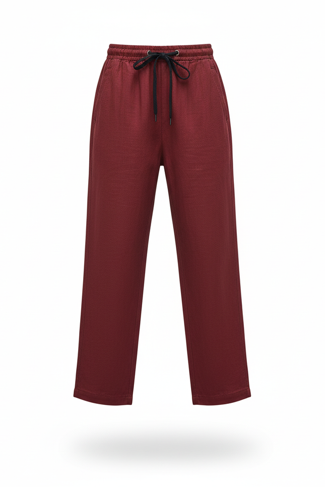 Pantalon En Lin Rouge Ample Cordon Garçon Confortable - Bordeaux - vue 3
