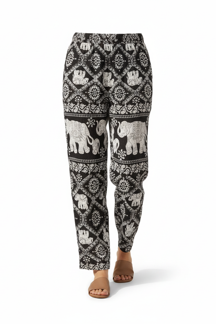 Pantalon En Lin Noir Imprimé Éléphants Fluide Décontracté - vue 3