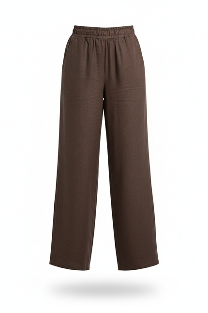 Pantalon En Lin Marron Ample Femme Décontracté - vue 3