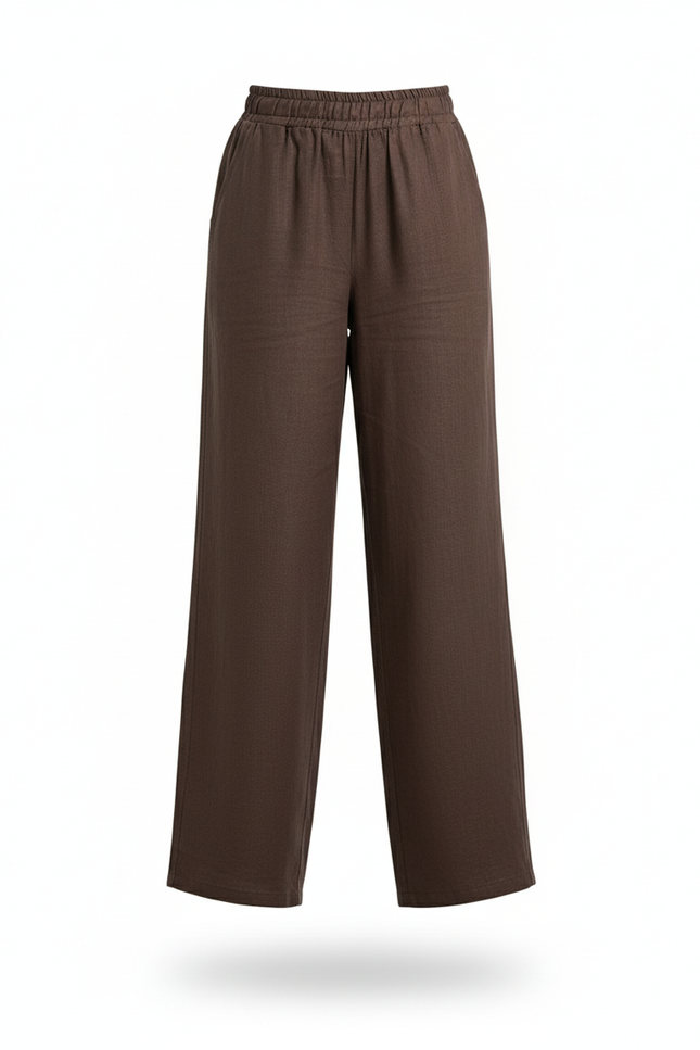 Pantalon En Lin Marron Ample Femme Décontracté - vue 3