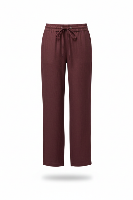 Pantalon En Lin Bordeaux Ample Cordon Décontracté Fluide - vue 3