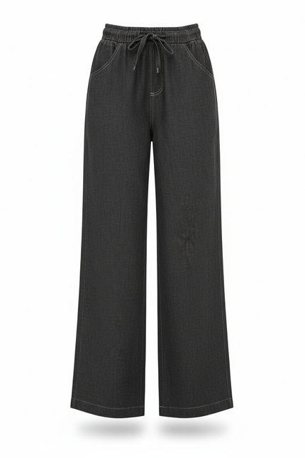 Pantalon En Lin Gris Décontracté Large Taille Haute Femme - vue 3
