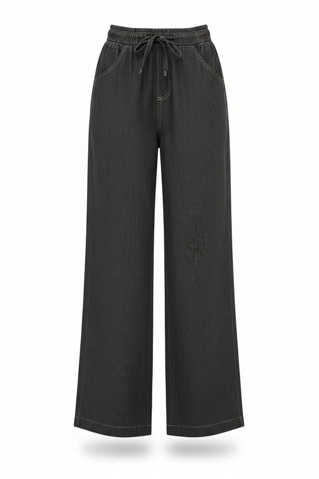 Pantalon En Lin Gris Décontracté Large Taille Haute Femme - vue 3