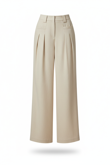 Pantalon En Lin Beige Ample Plissé Taille Haute - vue 3