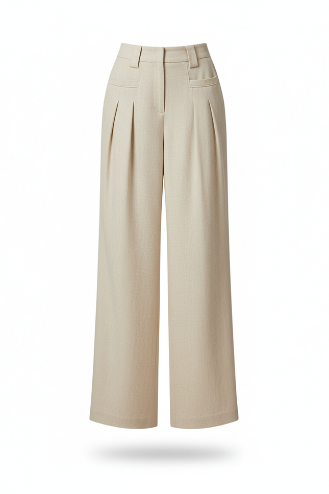 Pantalon En Lin Beige Ample Plissé Taille Haute - vue 3