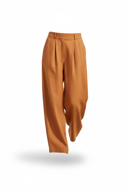 Pantalon En Lin Plissé Ample Marron Taille Haute - vue 3