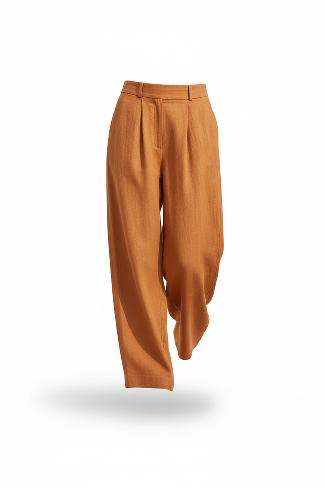 Pantalon En Lin Plissé Ample Marron Taille Haute - vue 3