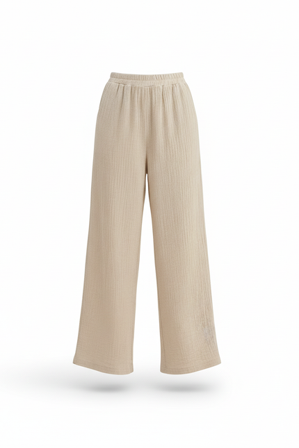 Pantalon En Lin Beige Ample Texturé Décontracté Fluide - vue 3
