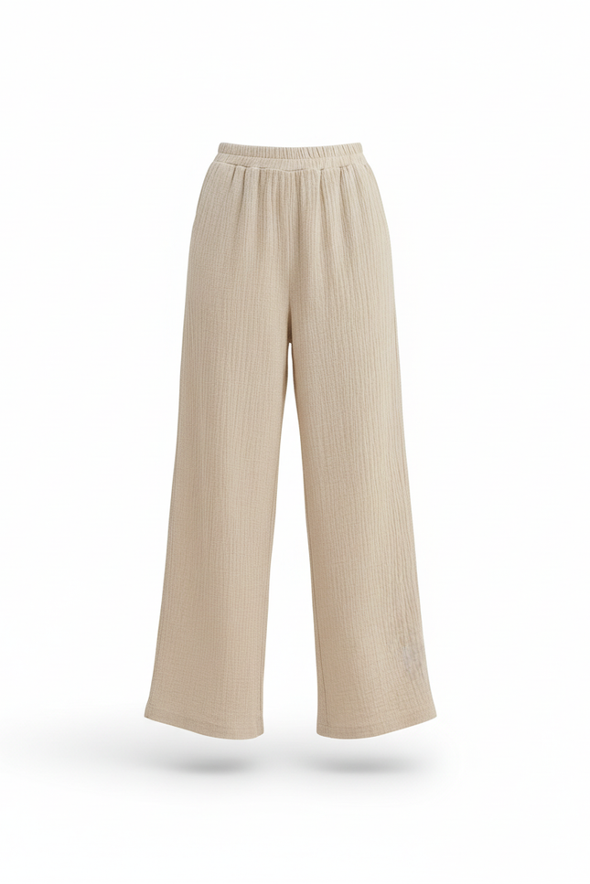 Pantalon En Lin Beige Ample Texturé Décontracté Fluide - vue 3